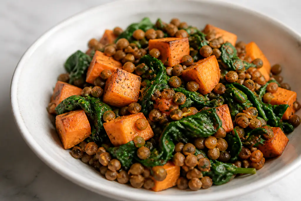 Romanian-Inspired Vegan Lentil Sweet Potato Spinach Bowl