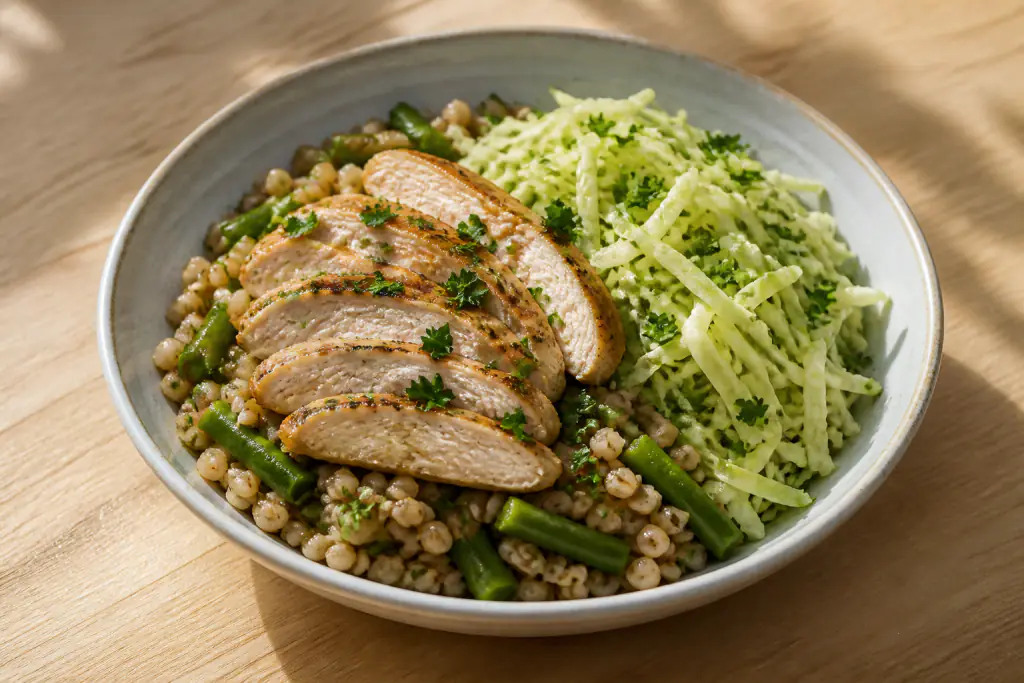 Salvadoran-Inspired Diabetes-Friendly Chicken Barley Green Bean Bowl