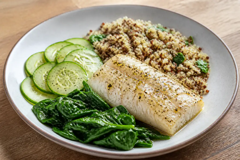 Salvadoran-Inspired Heart-Healthy White Fish Quinoa Cucumber Plate