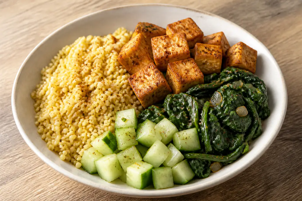 Salvadoran-Inspired PCOS-Friendly Tofu Millet Spinach Bowl