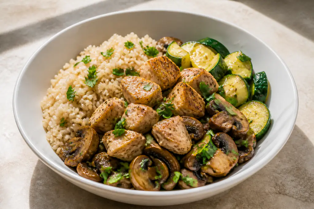 Saudi-Inspired Fatty-Liver-Caution Chicken Brown Rice Mushroom Bowl