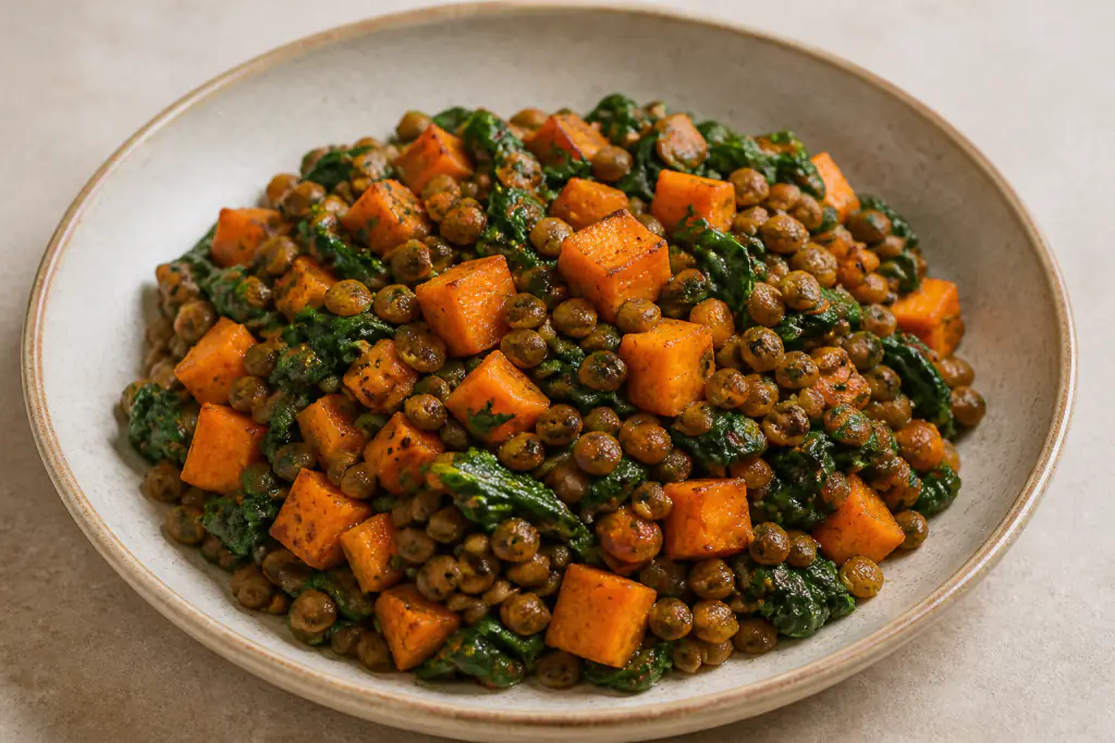 Saudi-Inspired Vegan Lentil Sweet Potato Spinach Bowl