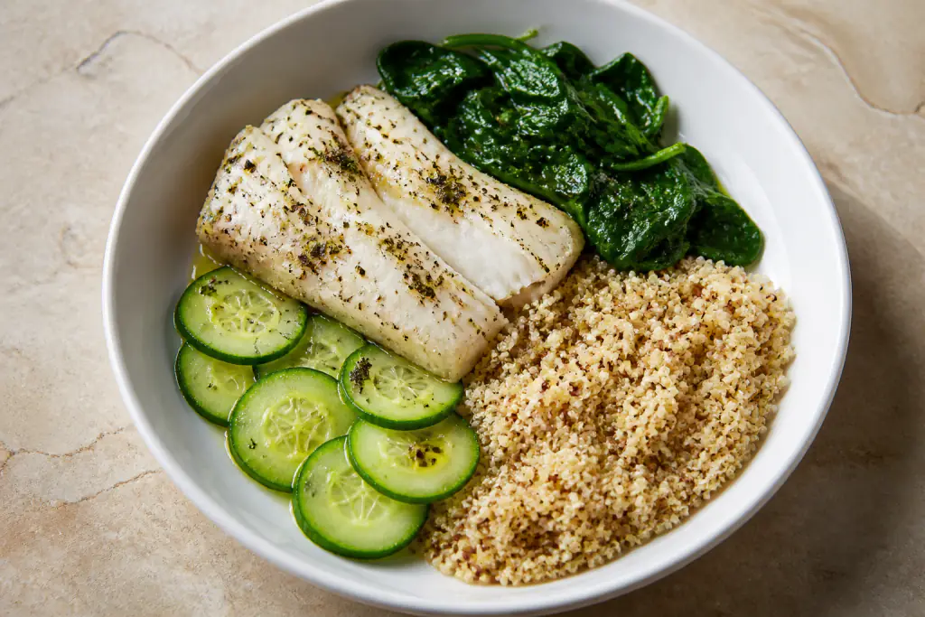 Serbian-Inspired Heart-Healthy White Fish Quinoa Cucumber Plate