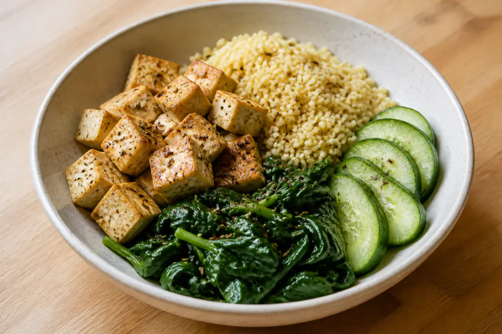 Slovenian-Inspired PCOS-Friendly Tofu Millet Spinach Bowl