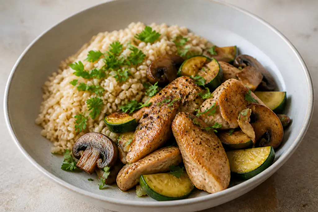 Somali-Inspired Fatty-Liver-Caution Chicken Brown Rice Mushroom Bowl