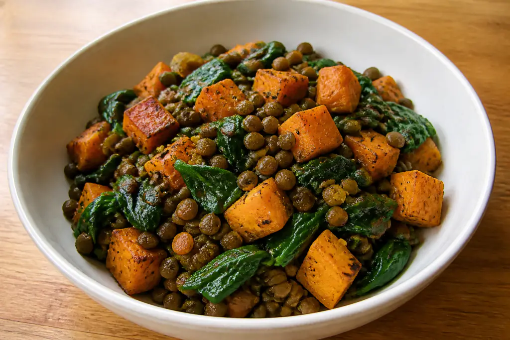 Somali-Inspired Vegan Lentil Sweet Potato Spinach Bowl