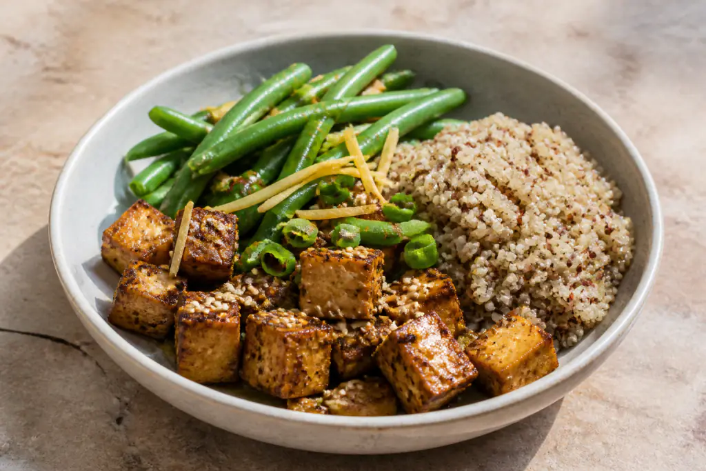 South African-Inspired Diabetes-Friendly Tofu Quinoa Green Bean Bowl