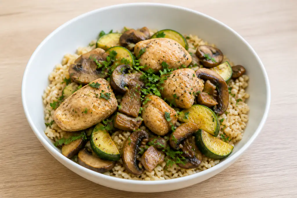 South African-Inspired Fatty-Liver-Caution Chicken Brown Rice Mushroom Bowl
