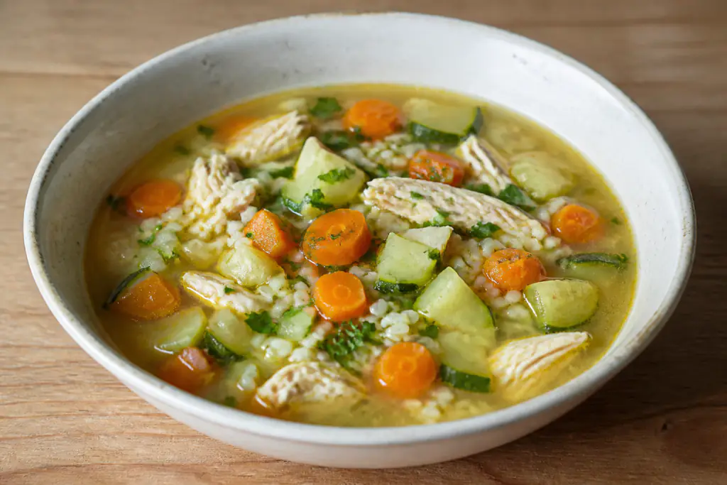 South African-Inspired GERD-Aware Chicken Rice Carrot Soup