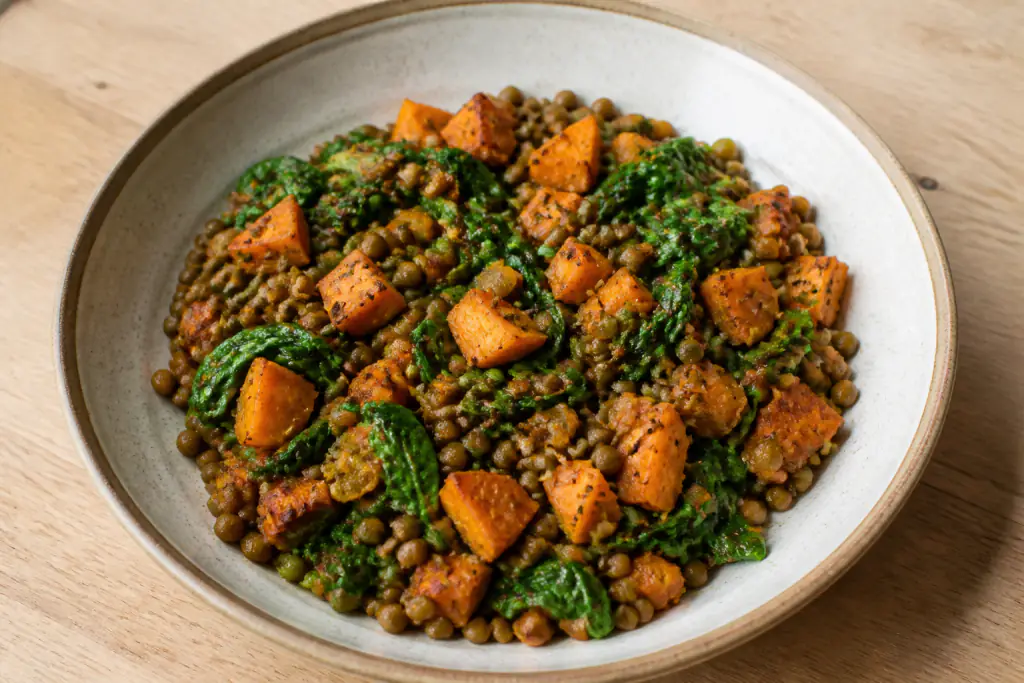 South African-Inspired Vegan Lentil Sweet Potato Spinach Bowl