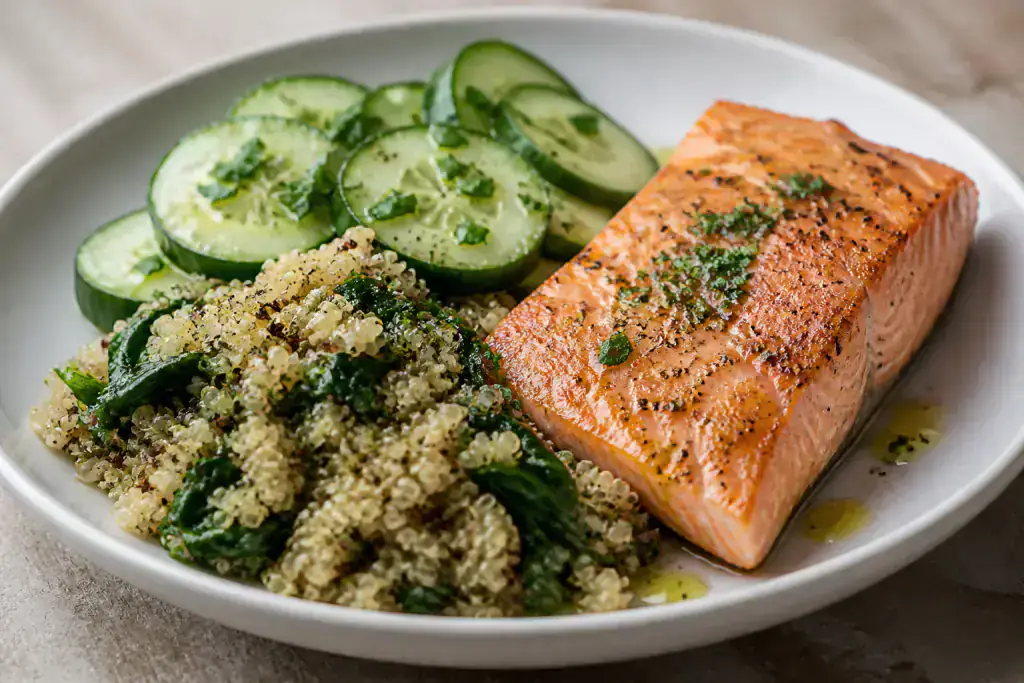 Spanish Heart-Healthy Salmon Quinoa Cucumber Plate
