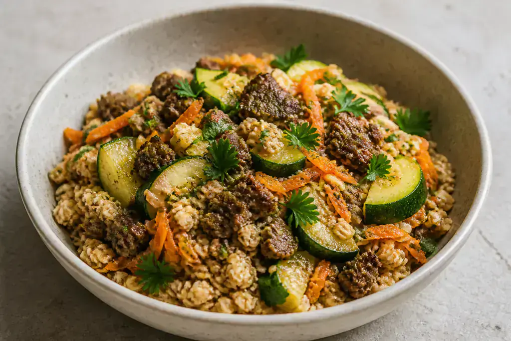 Sri Lankan-Inspired Fatty-Liver-Caution Turkey Oat Zucchini Bowl