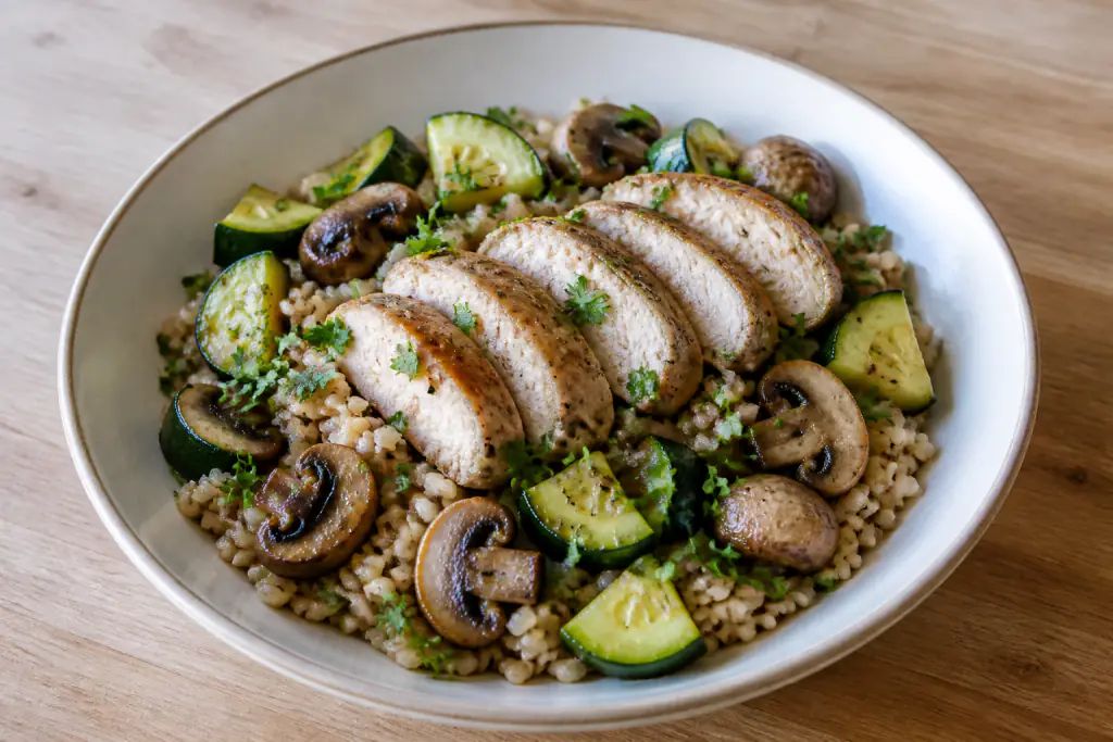 Swedish-Inspired Fatty-Liver-Caution Chicken Brown Rice Mushroom Bowl