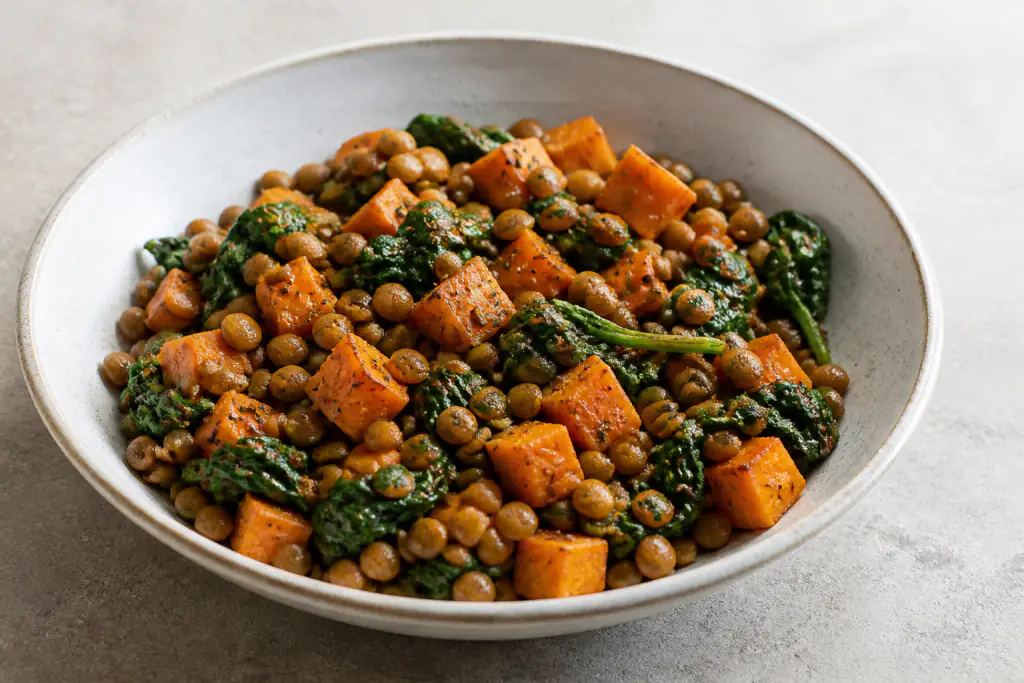 Swedish-Inspired Vegan Lentil Sweet Potato Spinach Bowl
