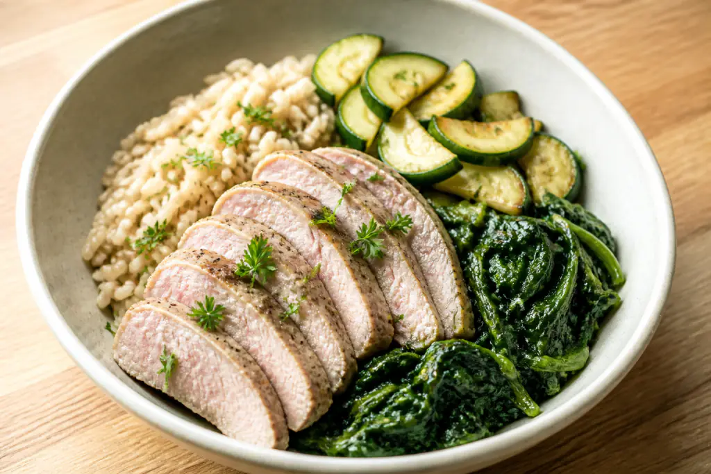 Swiss-Inspired Fatty-Liver-Caution Turkey Brown Rice Greens Bowl