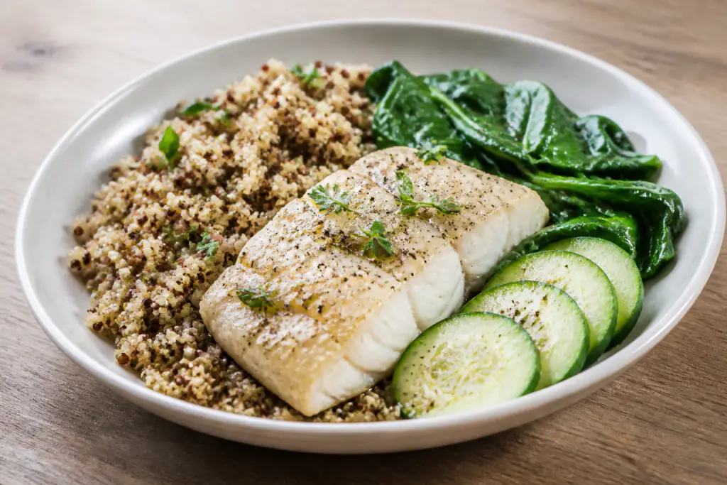 Swiss-Inspired Heart-Healthy White Fish Quinoa Cucumber Plate
