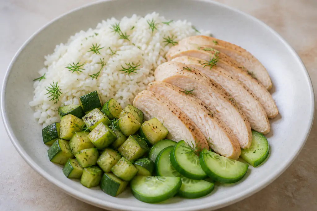 Swiss-Inspired Kidney-Caution Chicken Rice Cucumber Plate