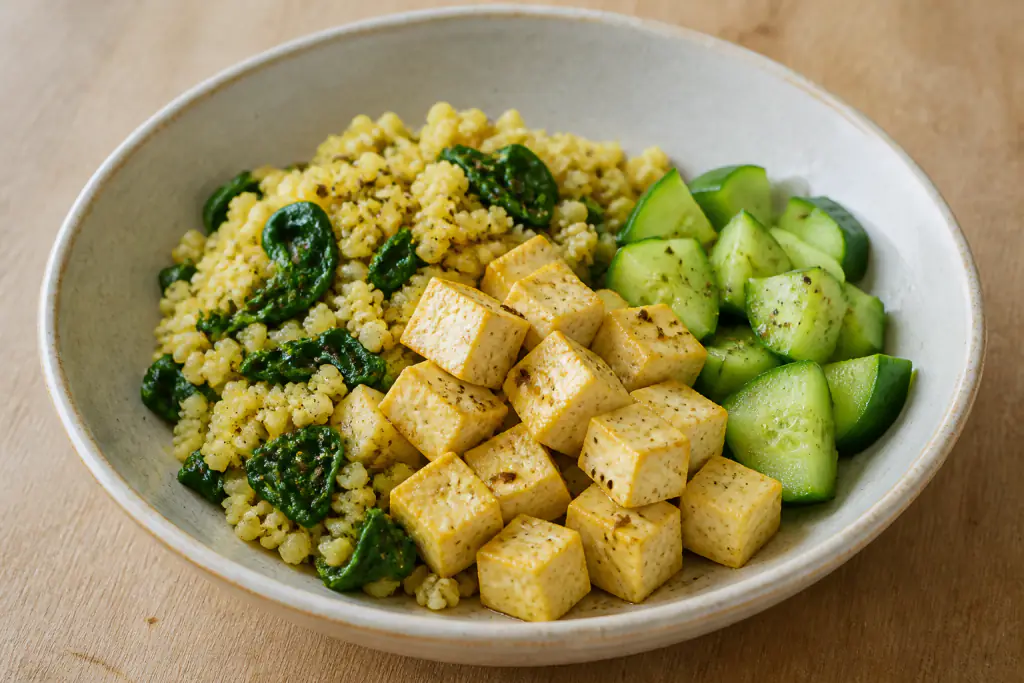 Swiss-Inspired PCOS-Friendly Tofu Millet Spinach Bowl