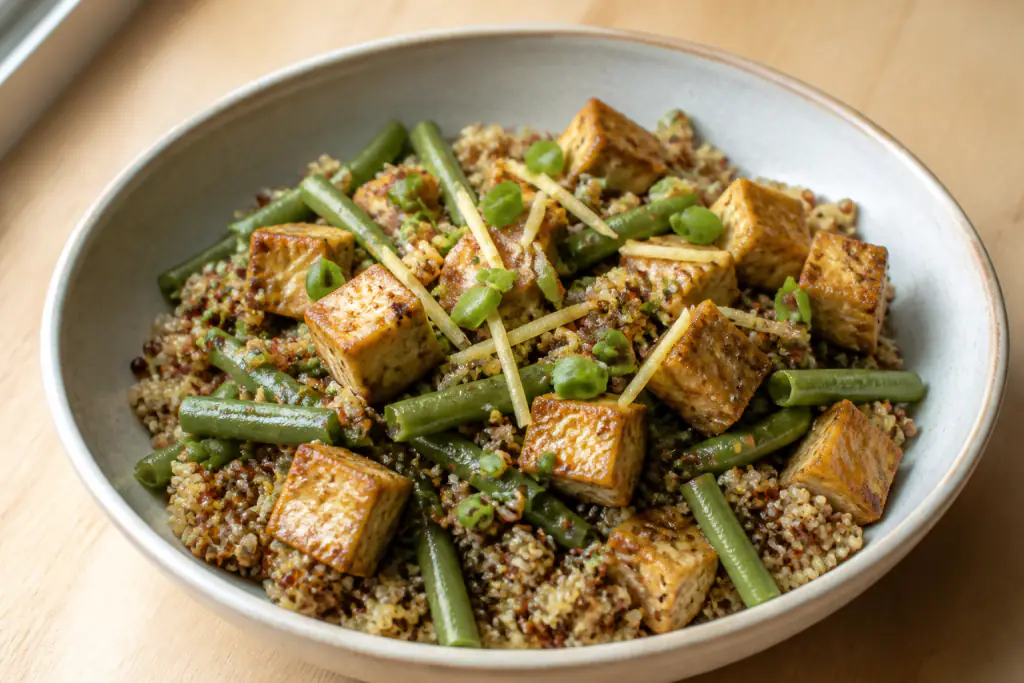 Syrian-Inspired Diabetes-Friendly Tofu Quinoa Green Bean Bowl