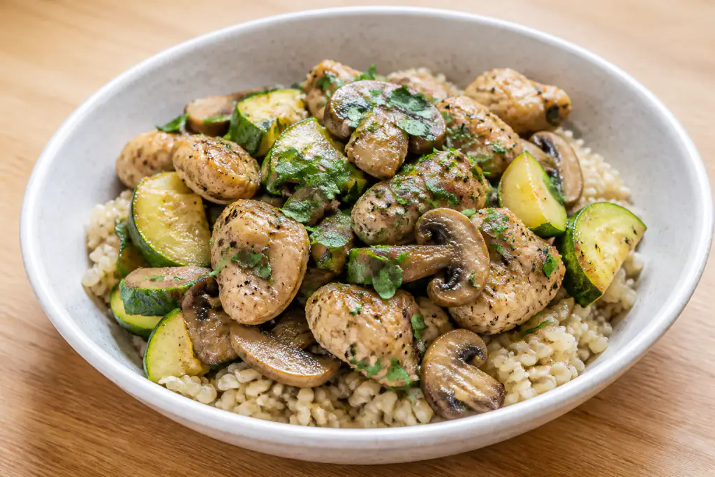 Syrian-Inspired Fatty-Liver-Caution Chicken Brown Rice Mushroom Bowl