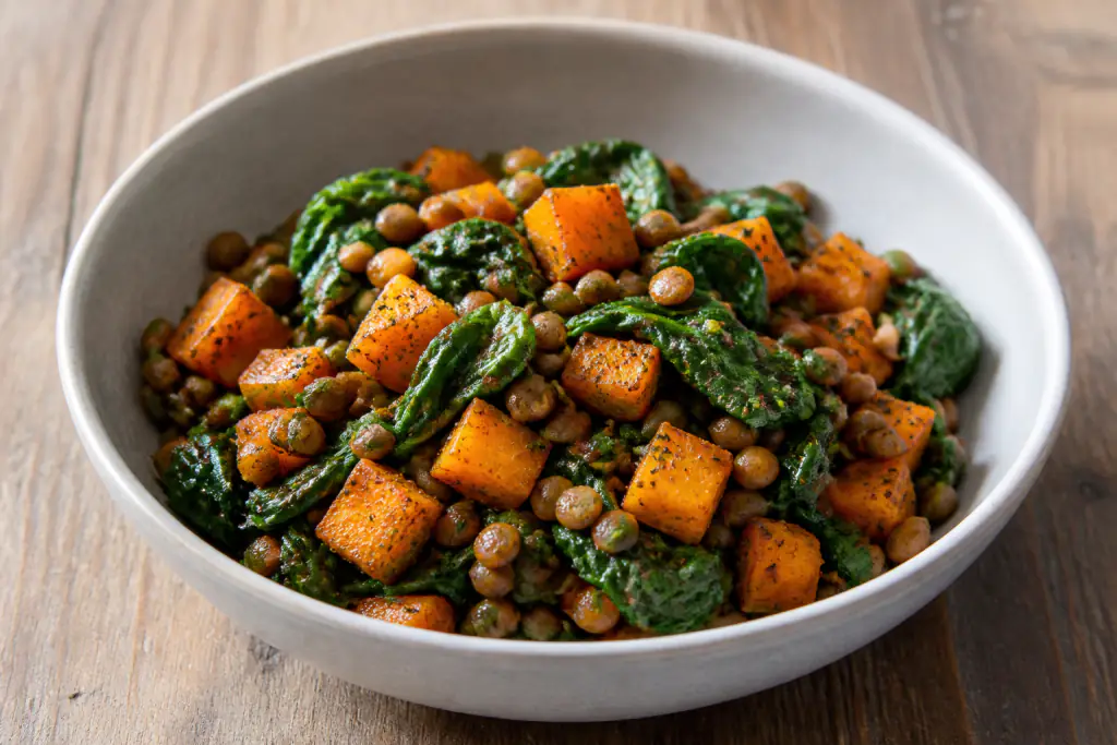 Syrian-Inspired Vegan Lentil Sweet Potato Spinach Bowl