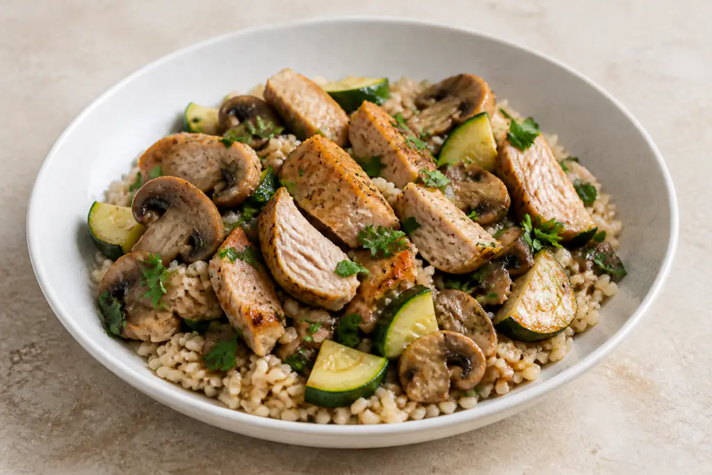 Tanzanian-Inspired Fatty-Liver-Caution Chicken Brown Rice Mushroom Bowl