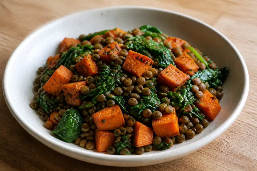 Tanzanian-Inspired Vegan Lentil Sweet Potato Spinach Bowl