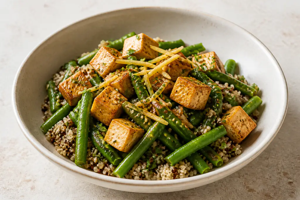 Tunisian-Inspired Diabetes-Friendly Tofu Quinoa Green Bean Bowl