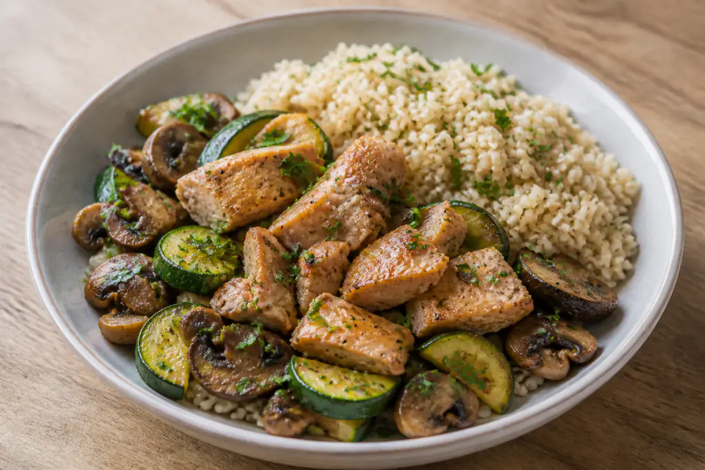 Tunisian-Inspired Fatty-Liver-Caution Chicken Brown Rice Mushroom Bowl