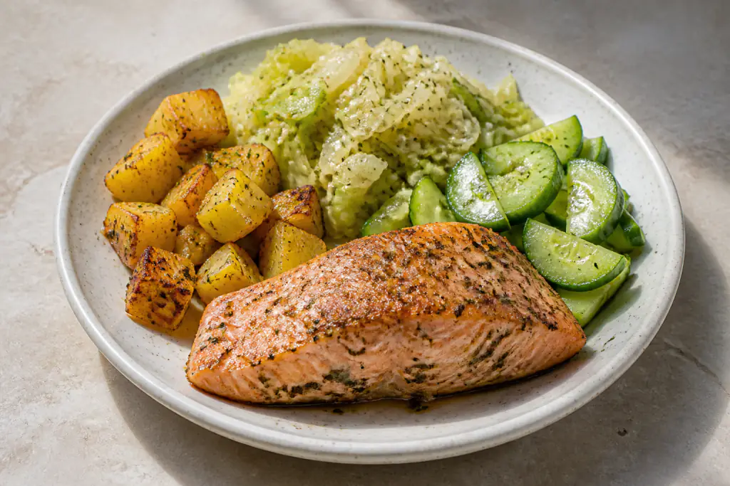 Tunisian-Inspired Heart-Healthy Salmon Potato Cabbage Plate