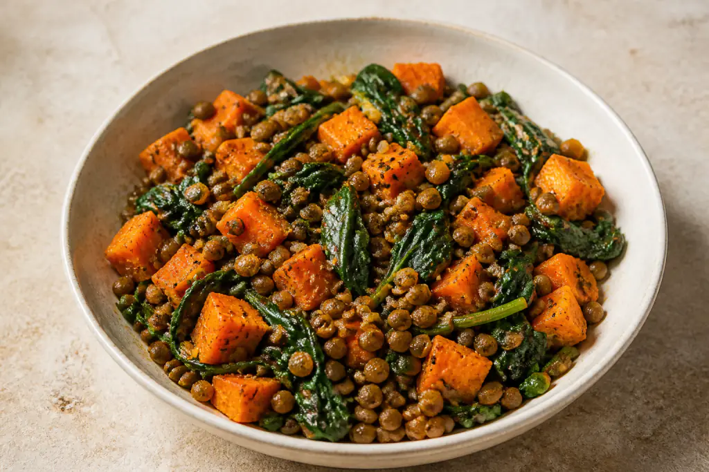 Tunisian-Inspired Vegan Lentil Sweet Potato Spinach Bowl