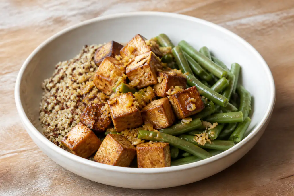 Ugandan-Inspired Diabetes-Friendly Tofu Quinoa Green Bean Bowl