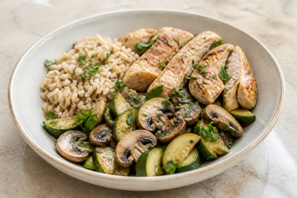 Ugandan-Inspired Fatty-Liver-Caution Chicken Brown Rice Mushroom Bowl