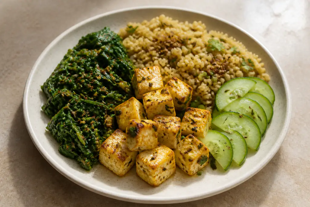 Ugandan-Inspired PCOS-Friendly Paneer Millet Spinach Plate