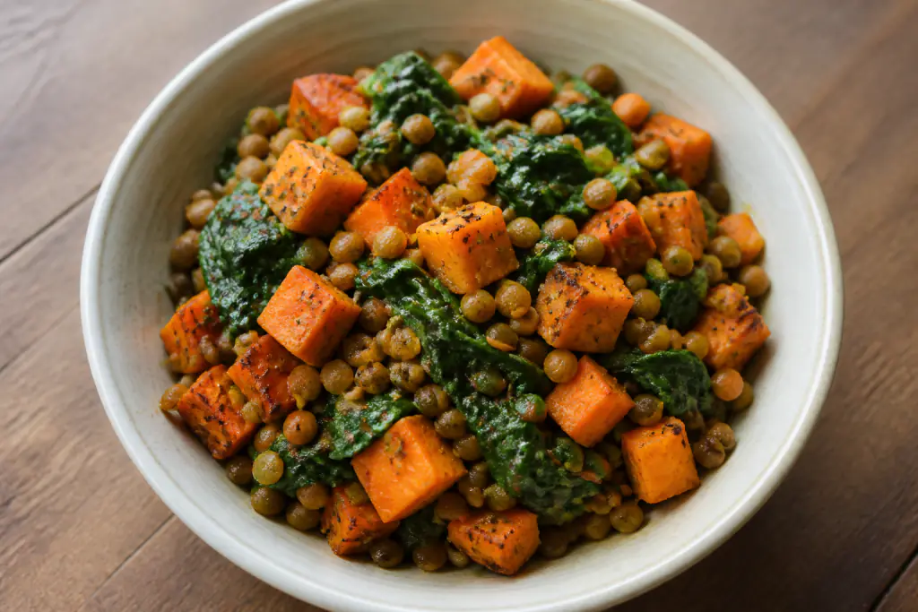 Ugandan-Inspired Vegan Lentil Sweet Potato Spinach Bowl
