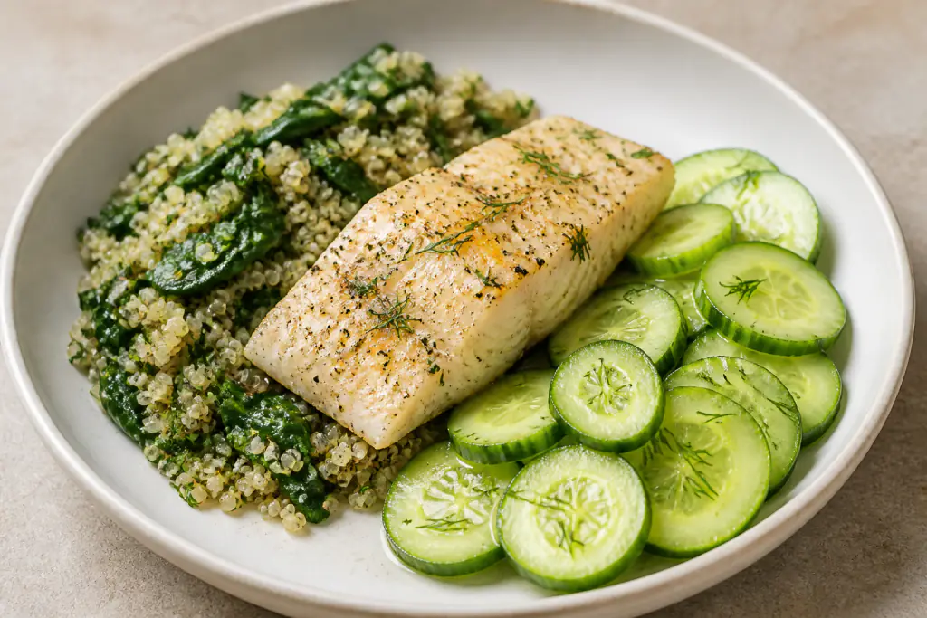 Ukrainian-Inspired Heart-Healthy White Fish Quinoa Cucumber Plate