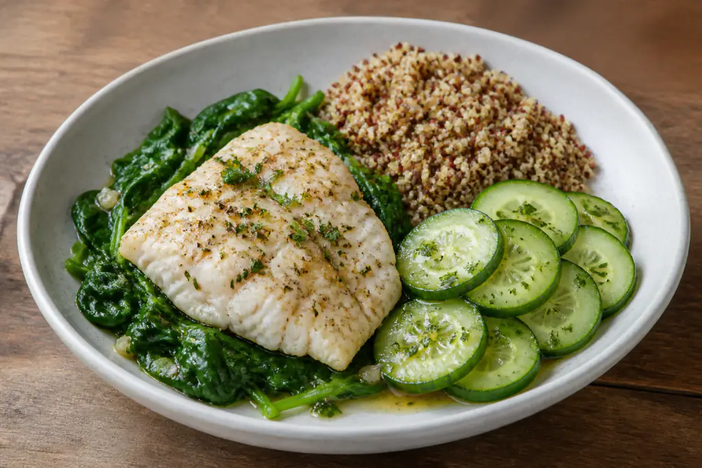 Venezuelan-Inspired Heart-Healthy White Fish Quinoa Cucumber Plate