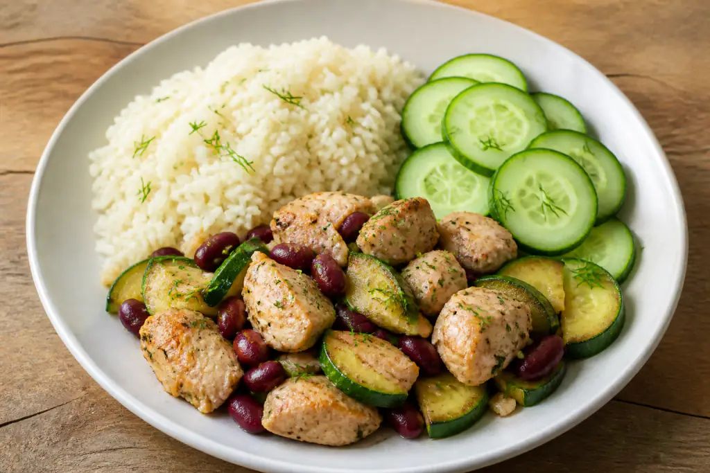 Venezuelan-Inspired Kidney-Caution Chicken Rice Cucumber Plate