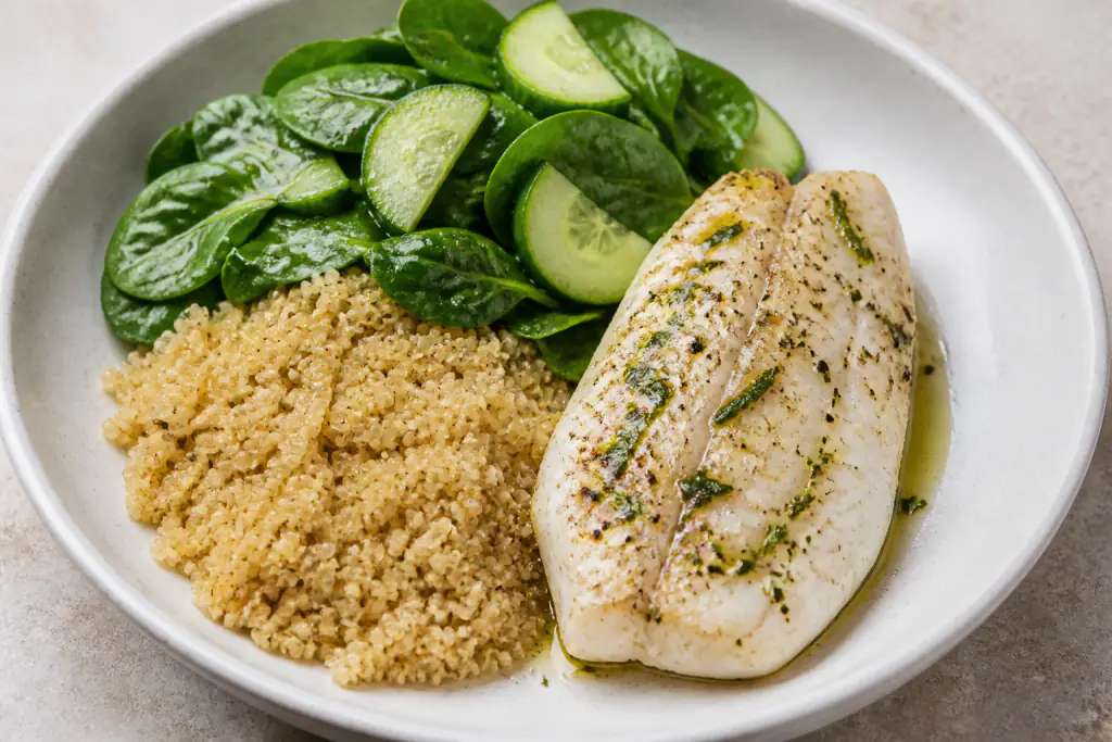 Yucatecan-Inspired Heart-Healthy White Fish Quinoa Cucumber Plate